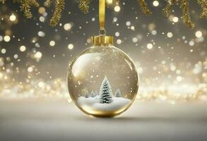 AI generated Xmas ornaments Glass ball with snow inside. Christmas tree decorations transparent ball hanging on ground. photo