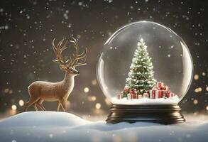 AI generated Christmas tree inside a glass ball and snow with a Christmas background. photo