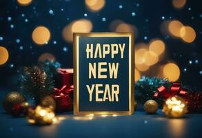 AI generated Happy New Year written on a greetings card with Christmas gifts. photo