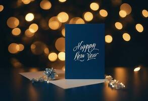 AI generated Happy New Year written on a greetings card with Christmas gifts. photo