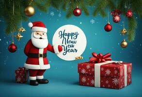 AI generated Santa clause with gifts in winter season. photo