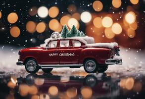 ai generado contento alegre Navidad escrito en Papa Noel coche con nieve en invierno temporada a noche. foto