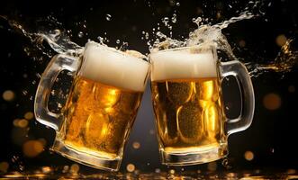 AI generated Two glasses of beer in cheers gesture, splashing out. Isolated on black background. photo