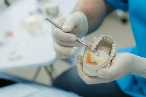 doctor orthodontist showed how the plate works to flatten teeth on the jaws photo