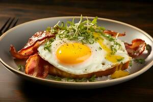 AI generated Breakfast set, fried egg, vegetable, herbs and bacon. On the table. photo