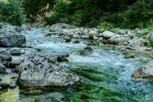 a river running through a forest with rocks and trees photo