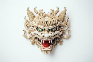 AI Generated Barong mask on white background. Traditional Balinese dance mask. Mythical patron and protector of Bali. Indonesian Art. Dragon Mask. Power and Mystery. For travel, art, culturalthemed project photo