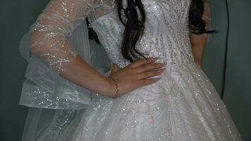 bride in wedding dress posing in studio, closeup of photo