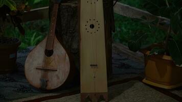 Ukrainian traditional musical instrument, balalaika on the table photo