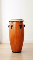 AI Generated Wooden conga drum isolated on a white background. Traditional percussion musical instrument of AfroCuban and Latin American culture. Suitable for musicrelated projects and cultural designs. Vertical photo