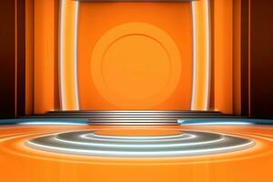 AI Generated Podium for product presentation. Stage for showcase. Mockup. Modern Stage bathed in lights, featuring a circular platform. Empty illuminated platform with modern design. With copy space. photo