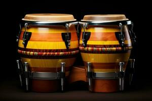 AI Generated Two conga drums on dark background. Traditional percussion musical instrument of AfroCuban and Latin American culture. Suitable for musicrelated projects and cultural designs. photo