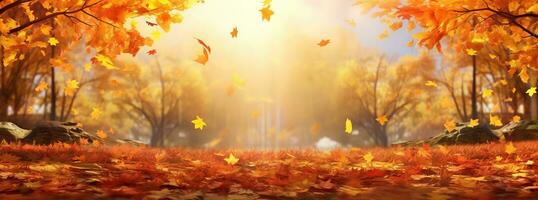 AI generated Leaves fall on the ground with sunlight shining through, whimsical landscapes photo