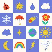 Seamless checkered pattern with weather items. Vector graphics.