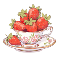AI generated Red strawberries and white flowers on tea cups in winter fruit season png