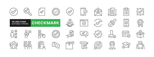 Set of 36 Checkmark line icons set. Checkmark outline icons with editable stroke collection. Includes Approval, Survey, Goal, Education, Message, and More. vector