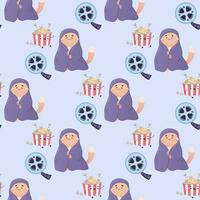 Seamless pattern cozy movie watching, with pizza, popcorn vector