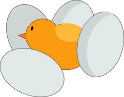 A little chick amidst four eggs without cracks vector or color illustration