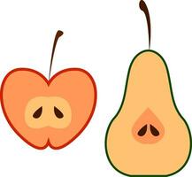 Half-cut apple and pear cartoon fruits vector or color illustration