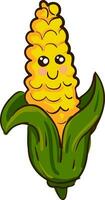 Vector illustration of a cute  smiling  yellow corn with green leaves on white background