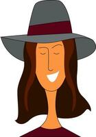 Smiling girl in a big  grey hat with purple ribbon  vector illustration on white background