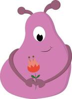 Pink smiling one-eyed blob monster holding a red flower vector illustration on white background