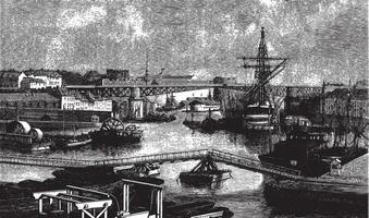 General view of the port of Brest. - Drawing Ph. Blanchard, vintage engraving. vector