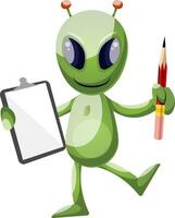 Alien with pencil and notebook, illustration, vector on white background.