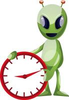 Alien con reloj, ilustración, vector sobre fondo blanco.