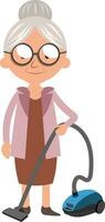 Granny with vacuum cleaner, illustration, vector on white background.