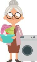 Granny with washmachine, illustration, vector on white background.