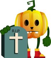 Pumpkin with grave, illustration, vector on white background.