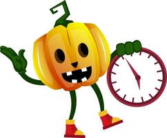 Pumpkin with clock, illustration, vector on white background.