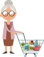 Granny in shopping, illustration, vector on white background.