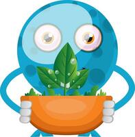 Blue monster holding plant, illustration, vector on white background.