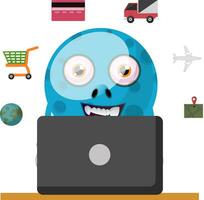 Blue monster working on laptop, illustration, vector on white background.