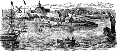 New Amsterdam in 1655,vintage illustration. vector