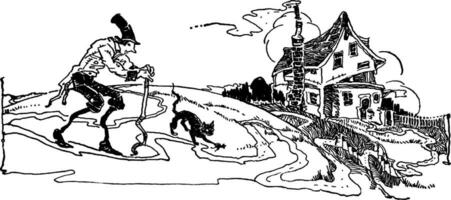 Elderly Man Walking with Cat Towards a House, vintage illustration. vector
