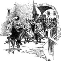 The surrender of Fort Amsterdam by Governor Stuyvesant,vintage illustration. vector
