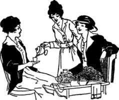 A Woman Serving Tea to Two Women, vintage illustration vector