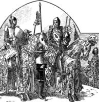 caballeros y nobles en caballos vistiendo armadura, Clásico ilustración vector
