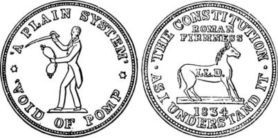 Copper Hard Times Token, 1834 vintage illustration. vector