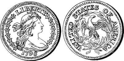 Silver Quarter Coin, 1796 vintage illustration. vector