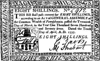 Paper Money, Eight Shillings Bill, 1777 vintage illustration. vector