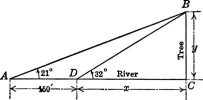 Right Triangle For Finding Distance Across a River
 vintage illustration. vector