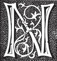 N, Ornate initial, vintage illustration vector