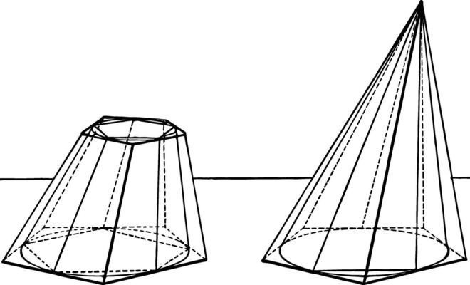 Cone With Regular Polygon Inscribed and Circumscribed About vintage illustration.
