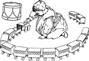 Child Playing With Train Cars vintage illustration. vector