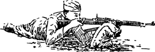 Firing from the Prone Position, vintage illustration. vector