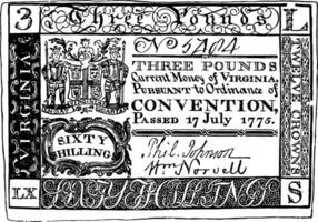 Paper Money, Three Pounds Bill, 1775 vintage illustration. vector